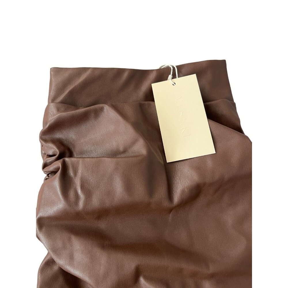 Meshki Ruched Bodycon Naomi Mini Skirt Size XS Chocolate Brown Faux Leather - Picture 4 of 15